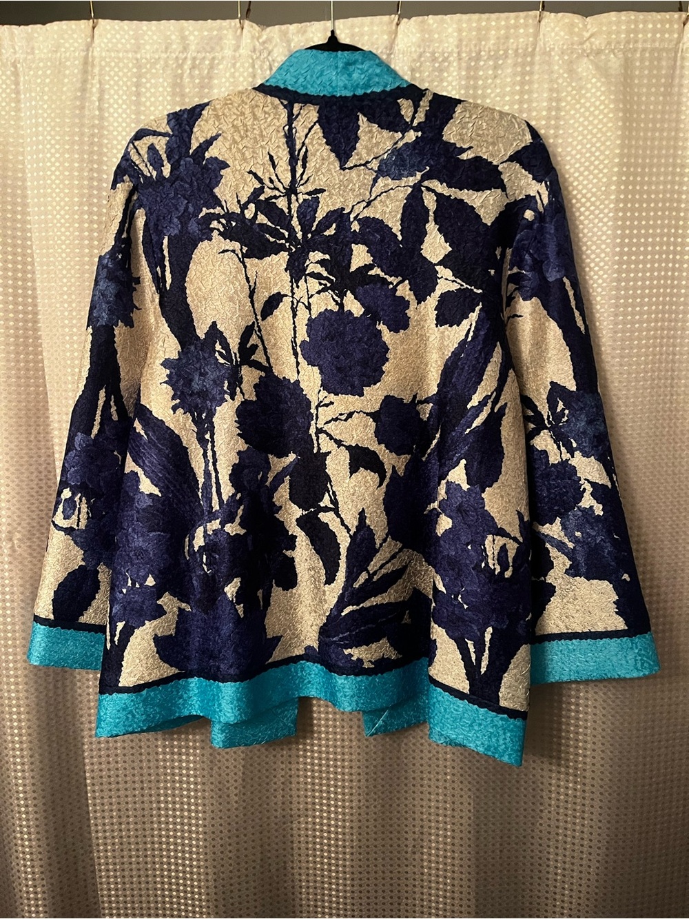 Floral Open-Front Reversible Women's Short Kimono in Navy and Turquoise - Picture 2 of 3